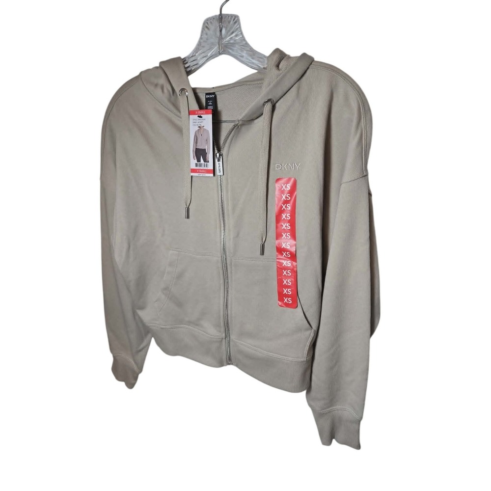DKNY Sport Womens Full Zip Hoodie Pebble Beige Cropped Jacket DPMJ9614 NWT XS